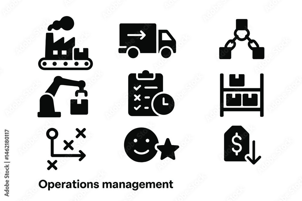 Poster vector illustration icons representing various aspects of operations management and logistics proces