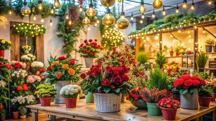 Fototapeta premium Festive Flower Shop Christmas Decorations Colorful Blooms Holiday Bouquet Arrangement