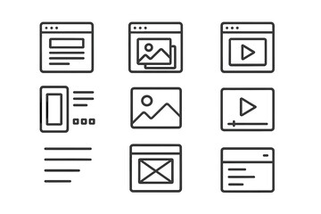 Vector illustration of various multimedia icons representing web content, featuring images and video players in a grid layout