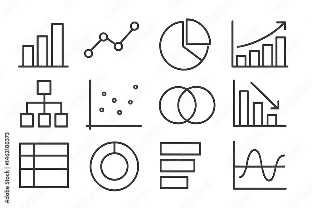 Aufkleber vector illustration icons of various data visualization elements including charts and graphs designe