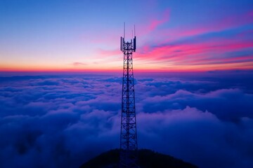 Telecommunications Tower Amidst a Sea of Clouds at a vibrant Sunset