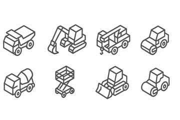 Vector illustration of construction vehicles including dump truck, excavator, crane, and roller in a minimalist design