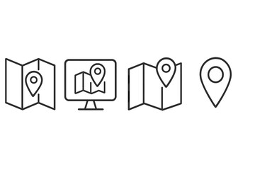 Vector illustration of map icons representing location tracking on a digital platform with variations of maps and pins