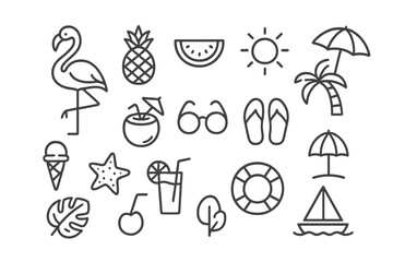 Vector illustration of summer icons featuring tropical themes like flamingo, pineapple, and beach elements perfect for vacation designs