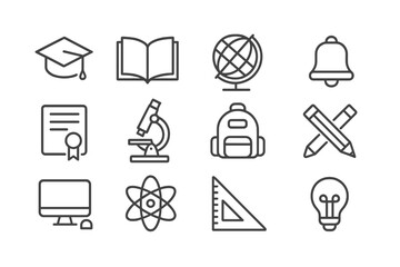 Educational icons showcasing learning tools, symbols of knowledge, and academic themes for illustration purposes