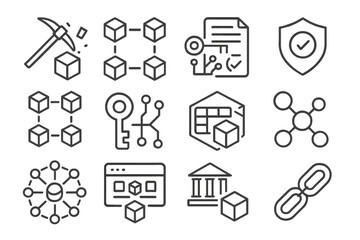 Vector illustration of blockchain technology concepts with various related icons including mining, security, and networking