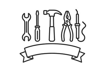 Vector illustration of various hand tools with a decorative banner for DIY or construction themes