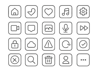 Vector illustration of various user interface icons for apps showcasing home, media, settings, and communication functions in a modern design