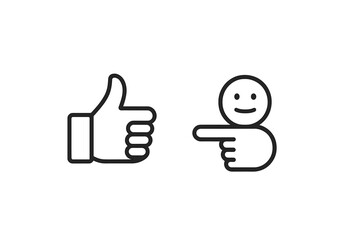 Vector illustration of a thumbs up gesture alongside a smiling character pointing to the right, symbolizing positive feedback and engagement