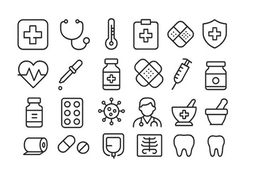 Vector illustration icon set featuring various medical and healthcare symbols for use in educational and informational materials