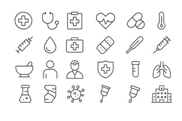 Collection of healthcare and medical vector icons depicting various symbols of health and wellness related activities