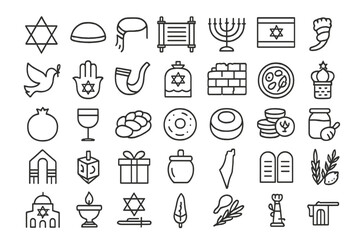 Vector illustration icons representing Jewish symbols, traditions, and rituals including Star of David and Menorah