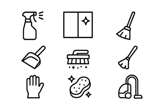 Vector illustration icons depicting various cleaning tools and supplies for household chores and cleaning activities