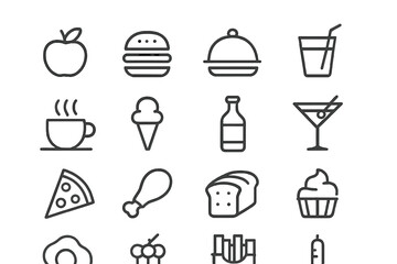 Vector illustration icons depicting various food and beverage items including dessert, snacks, and drinks ideal for menus and culinary designs