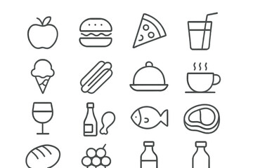 Vector illustration icon collection of various food and drink items, showcasing fruits, snacks, and beverages in a minimalist style