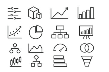 Collection of vector illustration icons representing data analysis and visualization concepts in a minimalist style