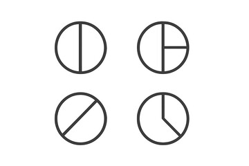 Fototapeta premium Vector illustration icon depicting four distinct pie chart designs, showcasing various percentages and trends for data visualization