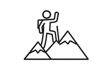 Hiker climbing mountains with a backpack and trekking pole in a minimalist vector illustration design