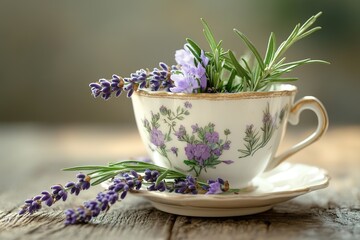 A charming vintage teacup filled with fresh lavender and a sprig of rosemary, offering a calm Mother’s Day moment
