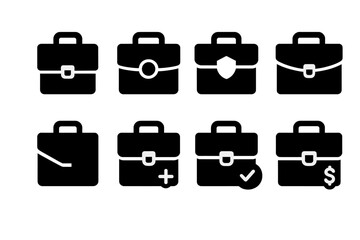 Set of vector illustration icons representing various types of briefcases and their functionalities in business activities