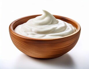 Creamy White Yogurt or Sour Cream in Wooden Bowl on White Background