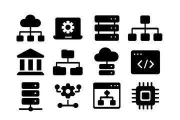 Vector illustration of network and technology icons featuring cloud computing, databases, and coding symbols arranged in a grid pattern