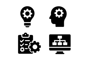 Creative concept of innovation and planning represented through vector icons featuring light bulb, head, clipboard, and computer