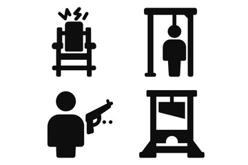 Vector illustration icons depicting various methods of execution in a dark thematic style emphasizing historical justice and punishment