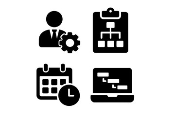 Vector illustration showing business management tools including a person with a gear, a workflow clipboard, a calendar, and a laptop with coding