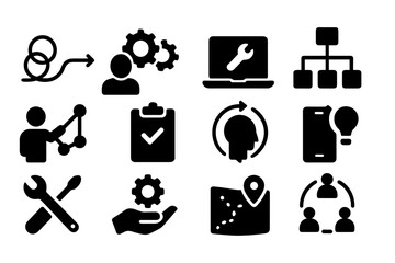 Vector illustration icon representing various aspects of technology, teamwork, and problem-solving activities in a modern workspace setting