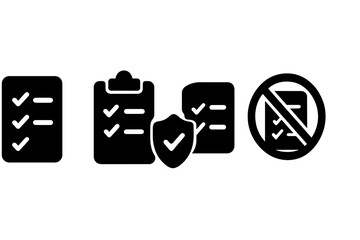 Checklist icons representing task management, security verification, and document prohibition in vector format for digital use
