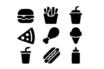 Vector illustration of fast food items including burger, fries, pizza, and ice cream in a playful layout