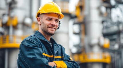 Portrait of Industry maintenance engineer man wearing uniform and safety hard hat on factory station, with copy space