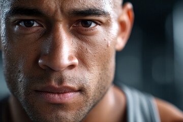 Obraz premium Close-up of a focused, sweaty man after intense physical activity, showing determination and strength.