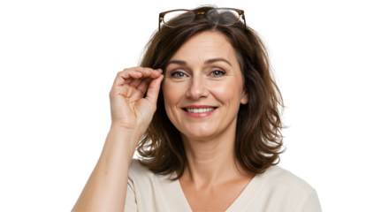 Confident Middle-Aged Woman with Brown Hair and Glasses Smiling and Adjusting Her Eyewear Against a Black Background