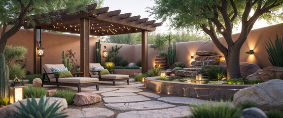 Tranquil backyard oasis with lounge chairs stone patio and water feature at dusk