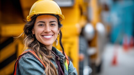 portrait of smiling hispanic female engineer on site with truck wearing hard hat, with copy space