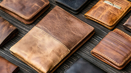 Various Brown Leather Wallets on Dark Wooden Background