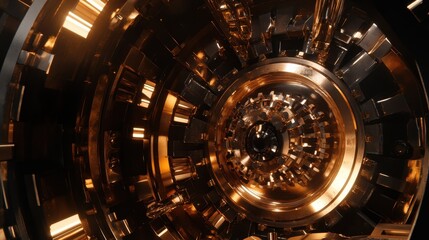 Obraz premium Futuristic Abstract Tunnel with Golden Metallic Structures and Lights