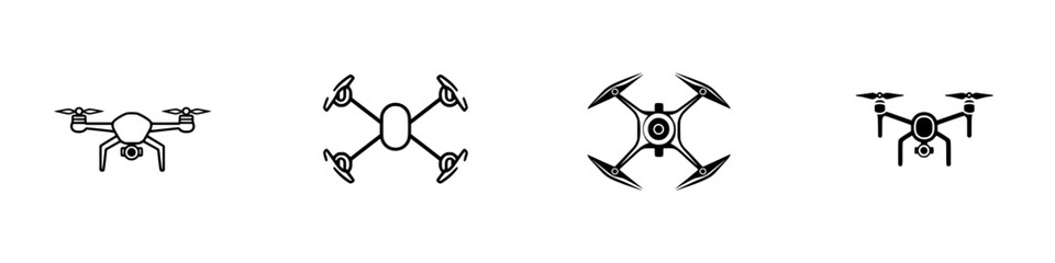 Vector illustration of four distinct drone icons showcasing various designs and features in a simplified style