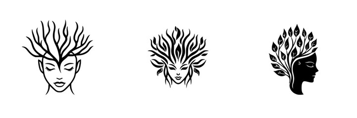 Obraz premium Vector illustration of three stylized female faces with nature-inspired elements representing connection to earth and tranquility