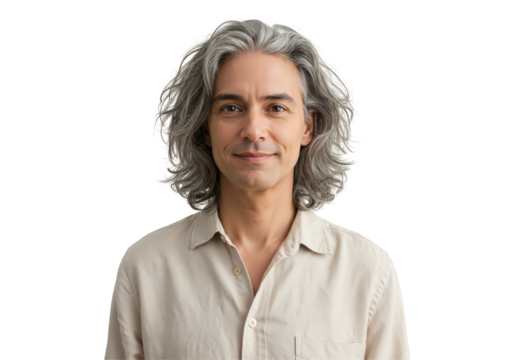 Middle-aged Caucasian male with long gray hair, wearing a light-colored shirt against a black background, exuding calmness and confidence, suitable for professional or personal portfolio.