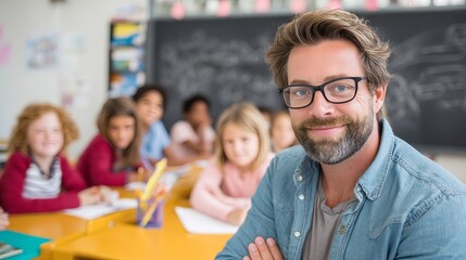 Portrait of smiling teacher in a class at elementary school looking at camera with learning students, with copy space