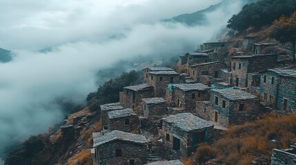 Misty mountain village nestled amongst craggy hills.