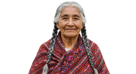 Portrait of an Elderly Indigenous Woman with Braided Hair and Colorful Traditional Garment, Smiling Confidently Against a Black Background, Exuding Wisdom and Grace