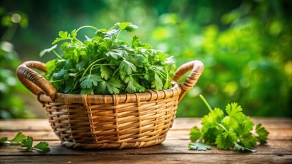 Naklejka premium Fresh Cilantro in Rustic Woven Basket, Natural Light, Green Herbs, Food Photography