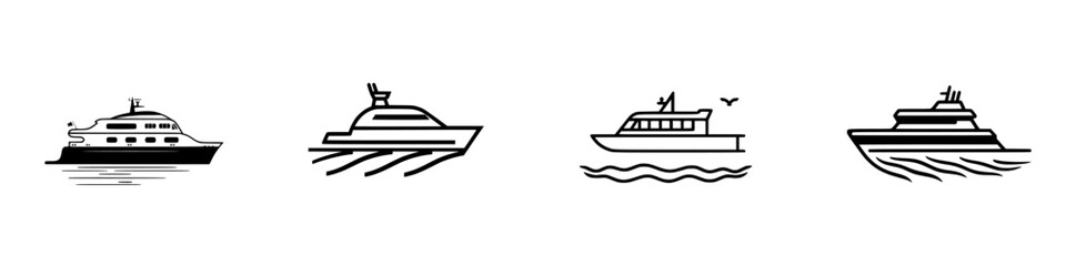Vector illustration icons depicting various types of boats navigating through water, highlighting marine activities and leisure