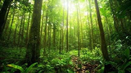 rain Forest. Beautiful View of Fresh Green Trees in the Woods with Moss