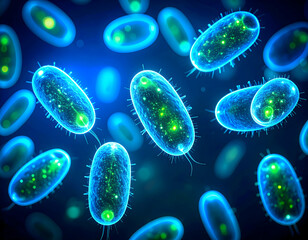 Microscopic Bacteria Cells Glowing Blue And Green