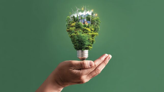 renewable energy light bulb with green energy, Earth Day or environment protection Hands protect